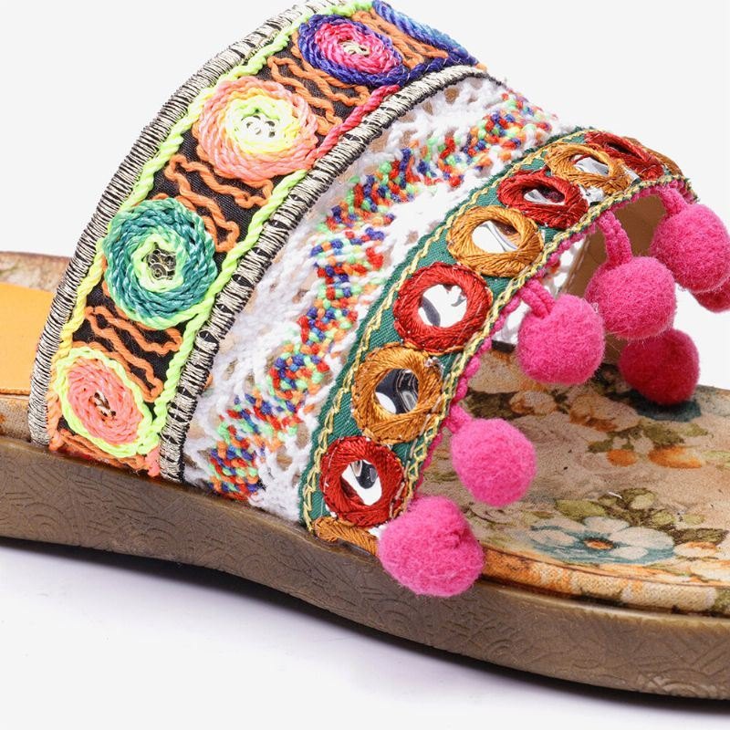 Dame Bohemian Brodered Toe Ring Myk Såle Sommer Casual Flat Sandaler