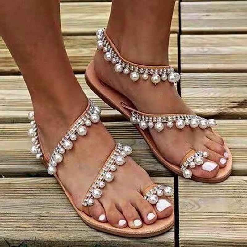 Dame Bohemian Clip Toe Perle Decoration Slip On Elastisk Bånd Uformelt Feriestrand Flate Sandaler