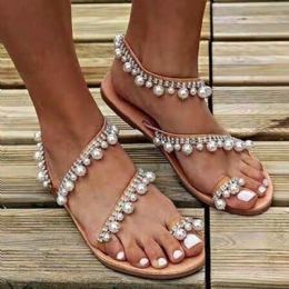 Dame Bohemian Clip Toe Perle Decoration Slip On Elastisk Bånd Uformelt Feriestrand Flate Sandaler