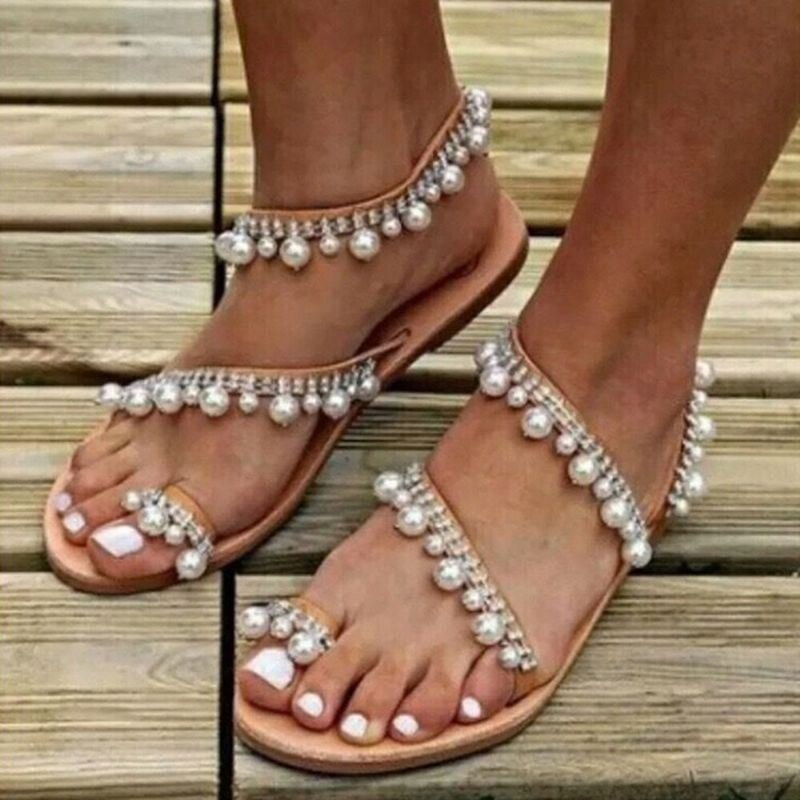 Dame Bohemian Clip Toe Perle Decoration Slip On Elastisk Bånd Uformelt Feriestrand Flate Sandaler