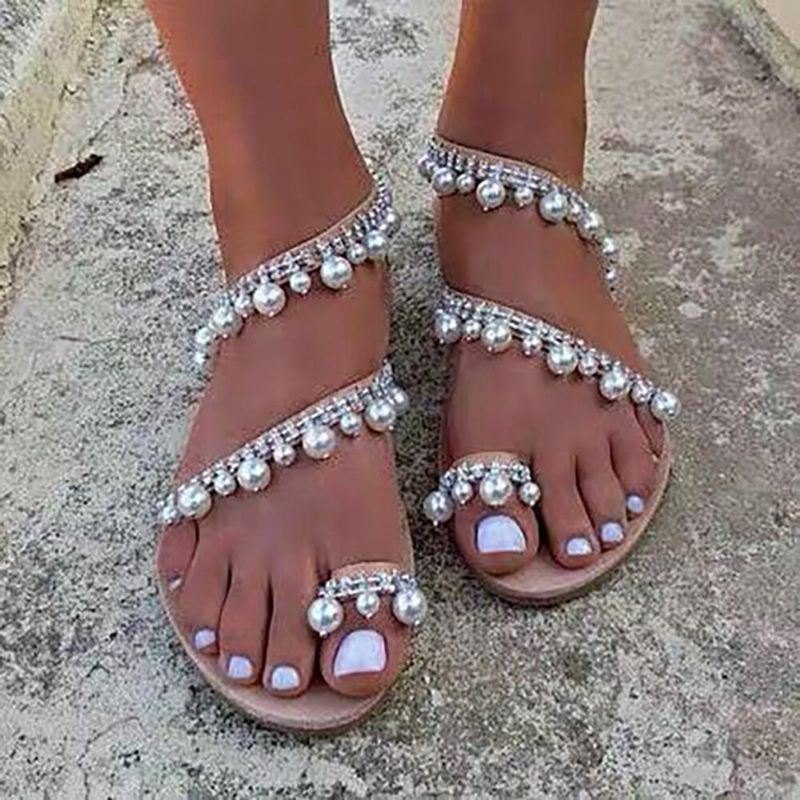 Dame Bohemian Clip Toe Perle Decoration Slip On Elastisk Bånd Uformelt Feriestrand Flate Sandaler