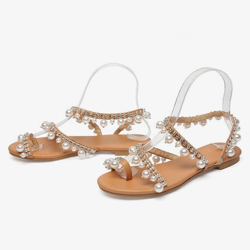 Dame Bohemian Clip Toe Perle Decoration Slip On Elastisk Bånd Uformelt Feriestrand Flate Sandaler