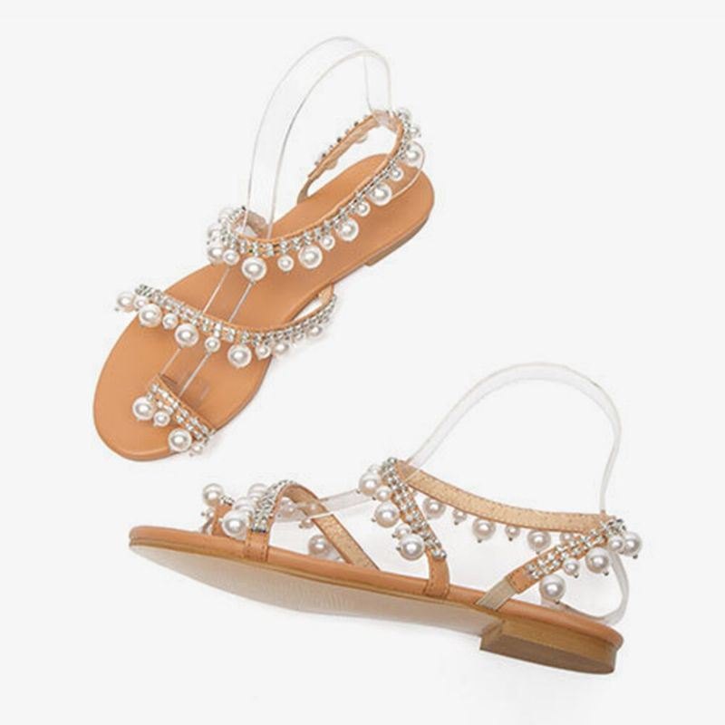 Dame Bohemian Clip Toe Perle Decoration Slip On Elastisk Bånd Uformelt Feriestrand Flate Sandaler