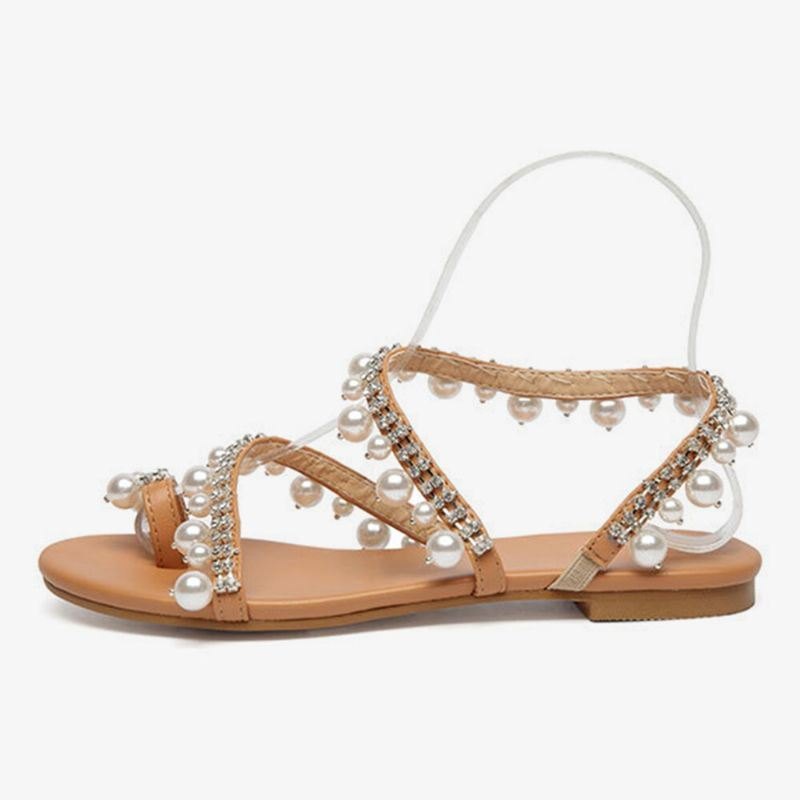 Dame Bohemian Clip Toe Perle Decoration Slip On Elastisk Bånd Uformelt Feriestrand Flate Sandaler