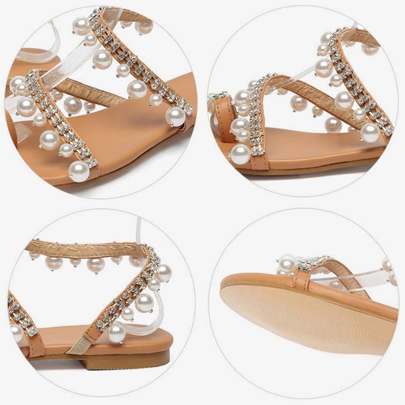 Dame Bohemian Clip Toe Perle Decoration Slip On Elastisk Bånd Uformelt Feriestrand Flate Sandaler