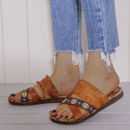 Dame Bohemian Cross Strap Weave Dusk Åpen Tå Casual Beach Flat Sandaler