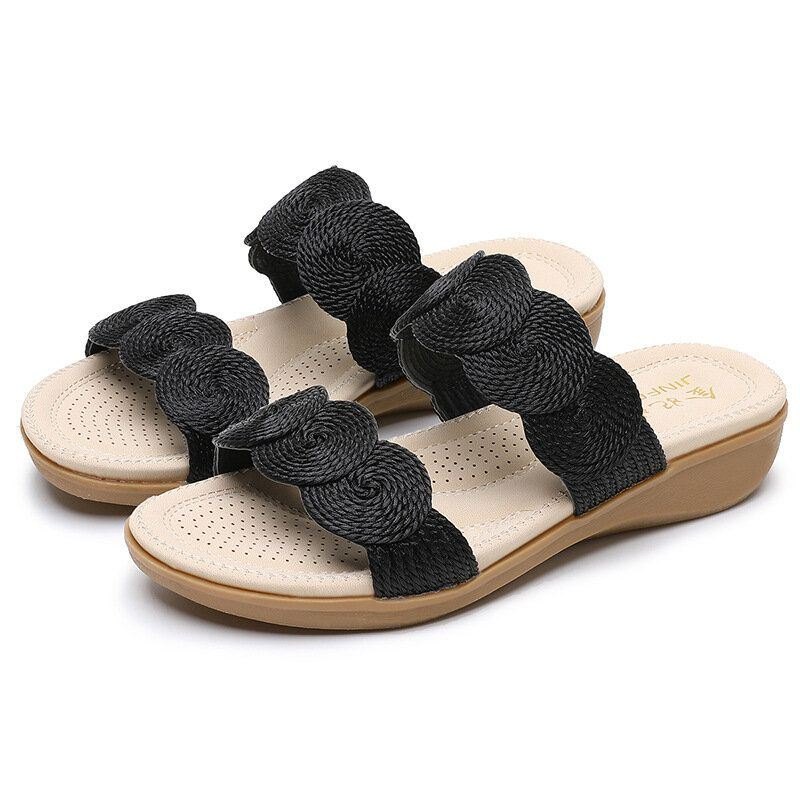 Dame Bohemian Double Band Woven Beach Casual Wedges Sandaler