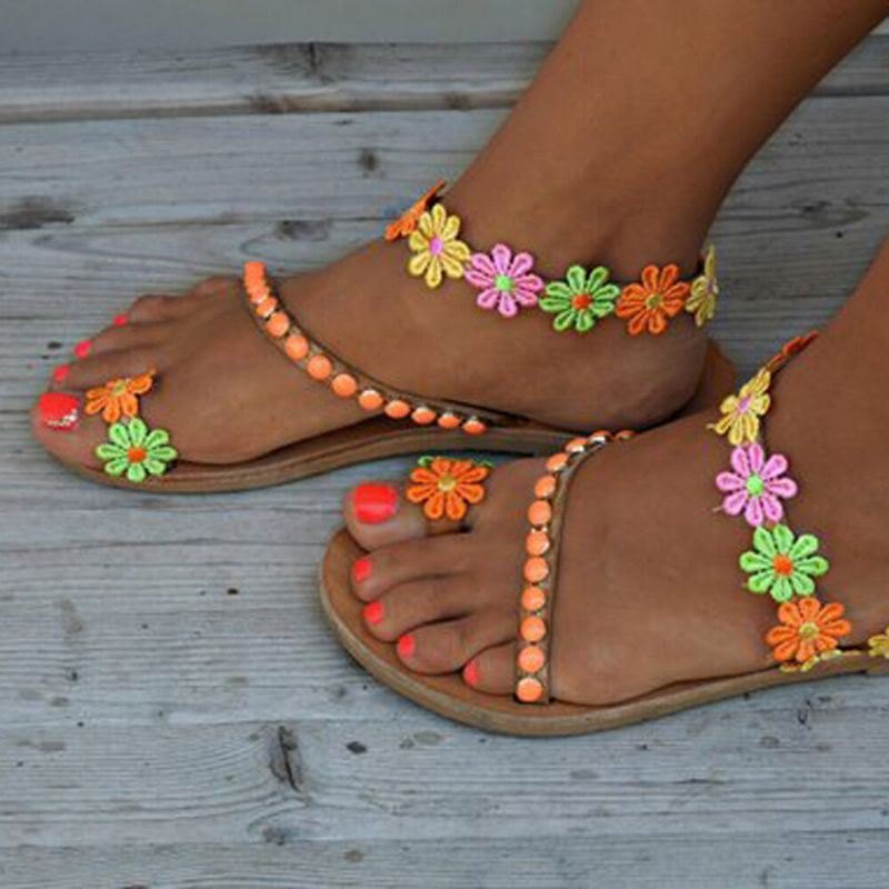 Dame Bohemian Flower Decoration Bead Slip On Clip Toe Summer Beach Flat Sandaler