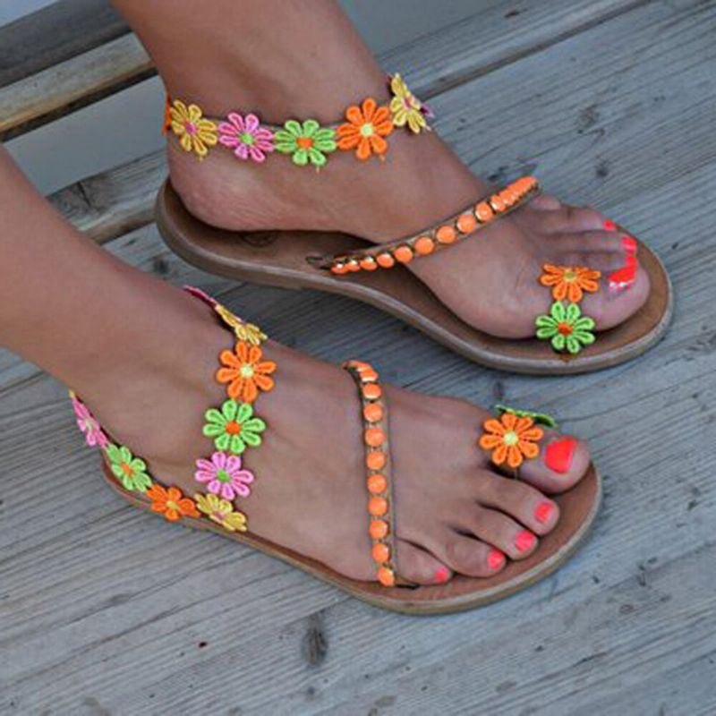 Dame Bohemian Flower Decoration Bead Slip On Clip Toe Summer Beach Flat Sandaler