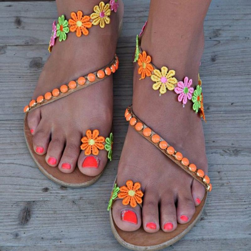 Dame Bohemian Flower Decoration Bead Slip On Clip Toe Summer Beach Flat Sandaler