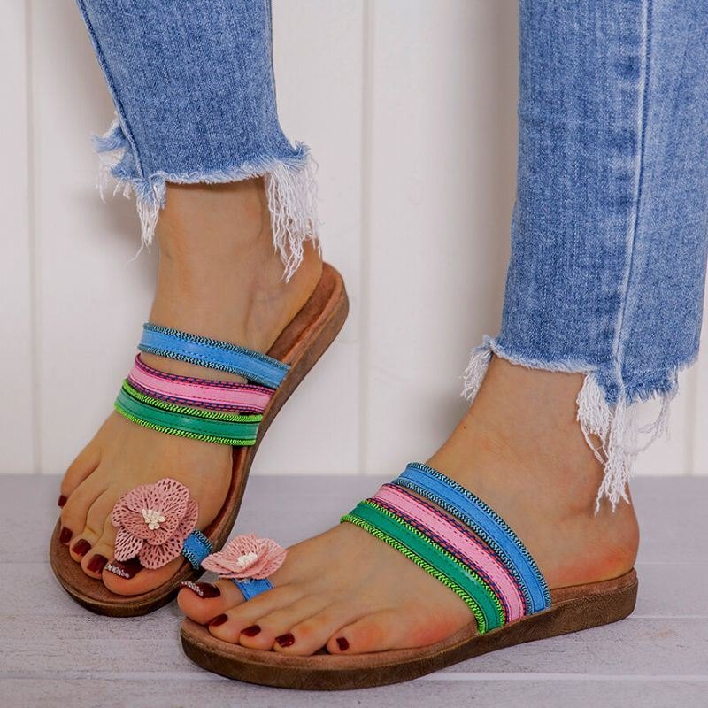 Dame Bohemian Flower Decoration Toe Ring Casual Summer Flat Sandaler