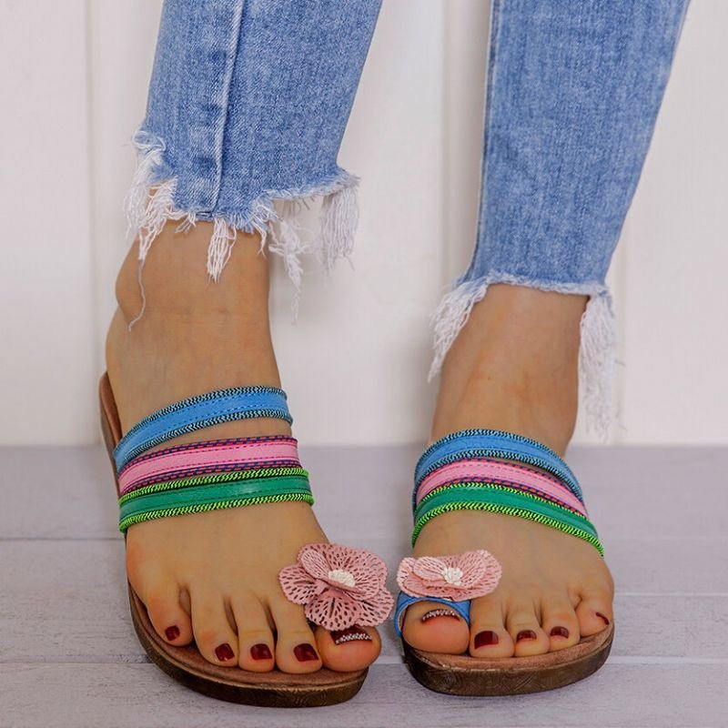 Dame Bohemian Flower Decoration Toe Ring Casual Summer Flat Sandaler