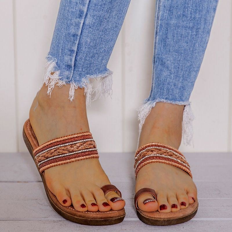 Dame Bohemian Flower Decoration Toe Ring Casual Summer Flat Sandaler