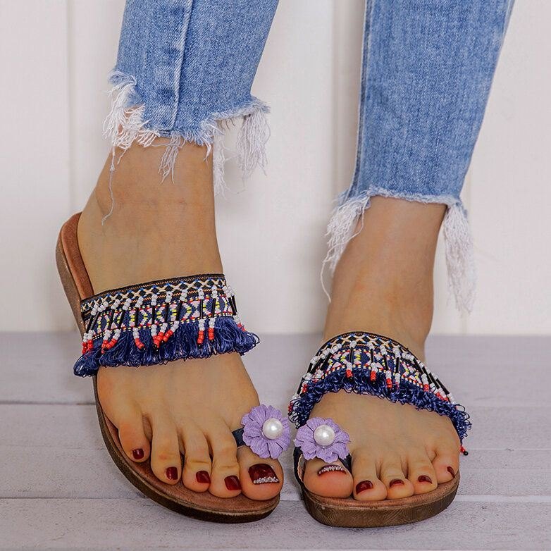 Dame Bohemian Flower Decoration Toe Ring Casual Summer Flat Sandaler