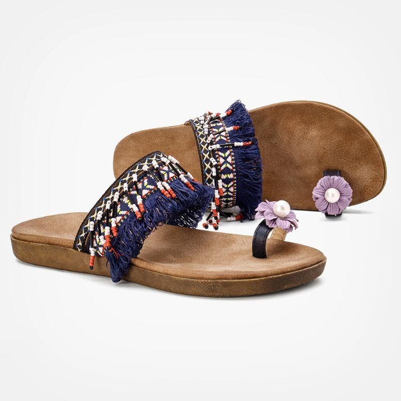 Dame Bohemian Flower Decoration Toe Ring Casual Summer Flat Sandaler