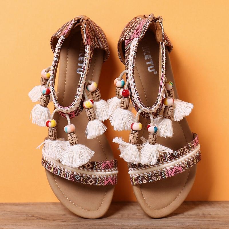 Dame Bohemian Folkways Mønster Open Toe Summer Flat Sandaler