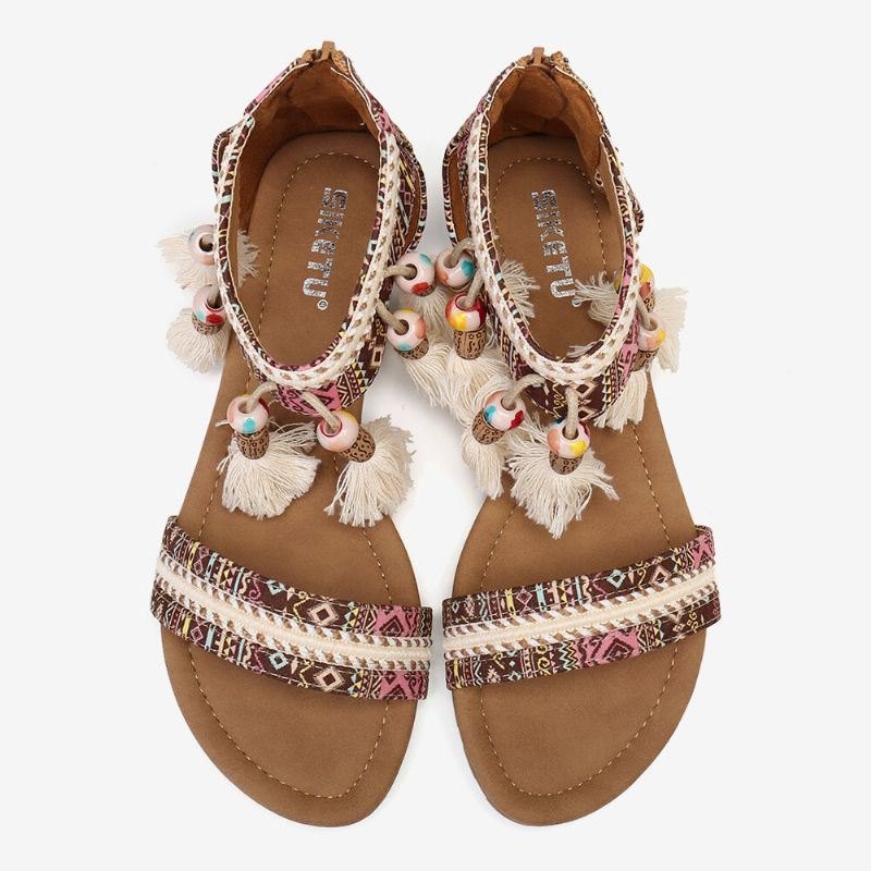 Dame Bohemian Folkways Mønster Open Toe Summer Flat Sandaler