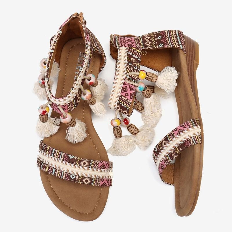 Dame Bohemian Folkways Mønster Open Toe Summer Flat Sandaler