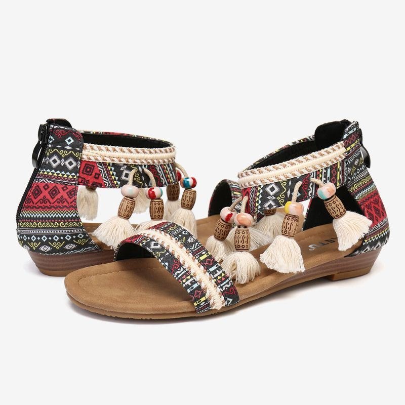 Dame Bohemian Folkways Mønster Open Toe Summer Flat Sandaler