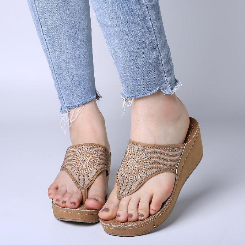 Dame Bohemian Rhinestone Lett Clip Toe Summer Beach Wedge Platform Sandaler