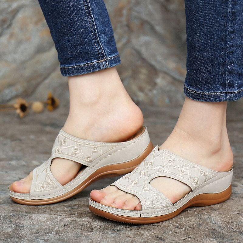 Dame Broderi Åpen Toe Komfortabel Casual Slip On Summer Wedge Sandaler