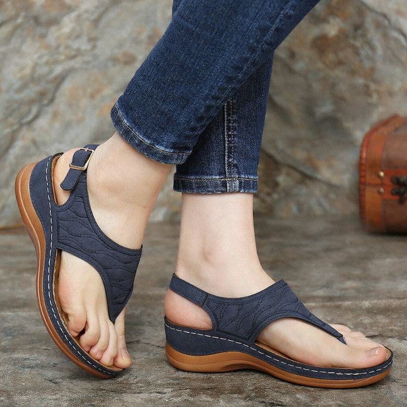 Dame Broderi Clip Toe Elastisk Bånd Behagelig Uformell Sommer Wedge Sandaler