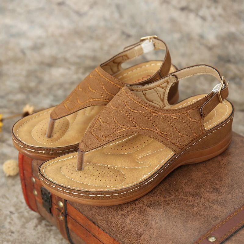 Dame Broderi Clip Toe Elastisk Bånd Behagelig Uformell Sommer Wedge Sandaler