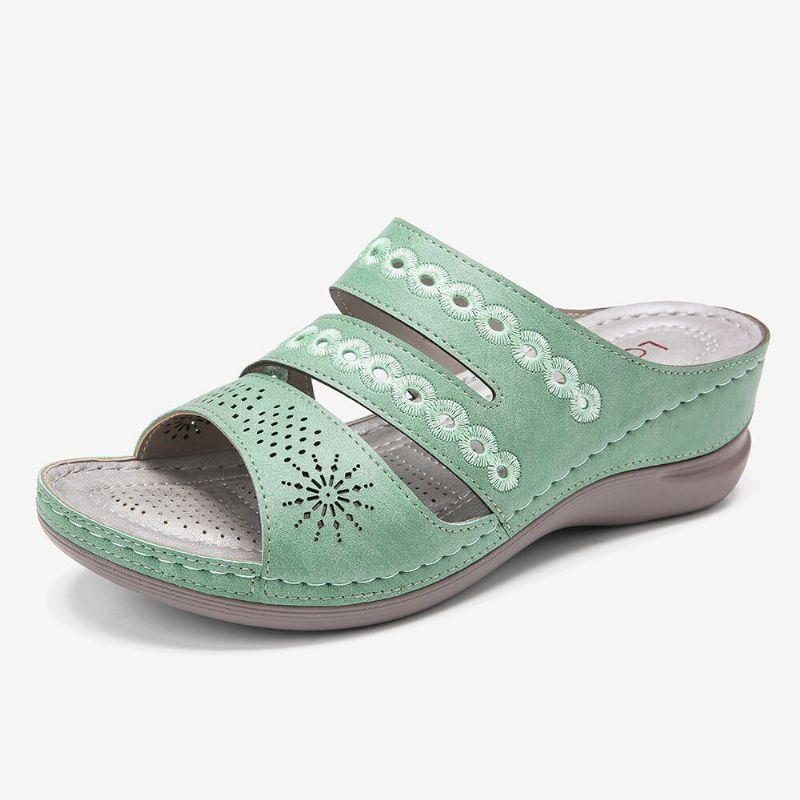 Dame Broderi Utskjæring Åpen Toe Slip On Casual Wedge Sandaler