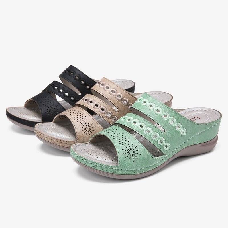 Dame Broderi Utskjæring Åpen Toe Slip On Casual Wedge Sandaler