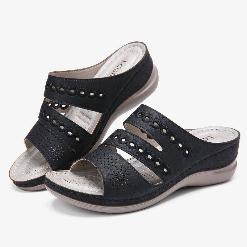 Dame Broderi Utskjæring Åpen Toe Slip On Casual Wedge Sandaler