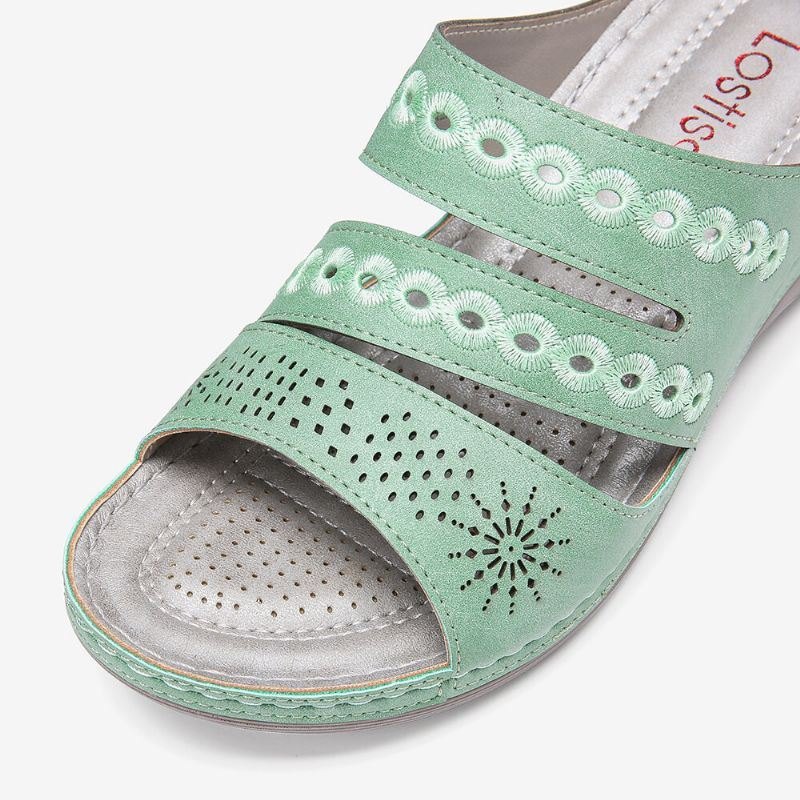 Dame Broderi Utskjæring Åpen Toe Slip On Casual Wedge Sandaler