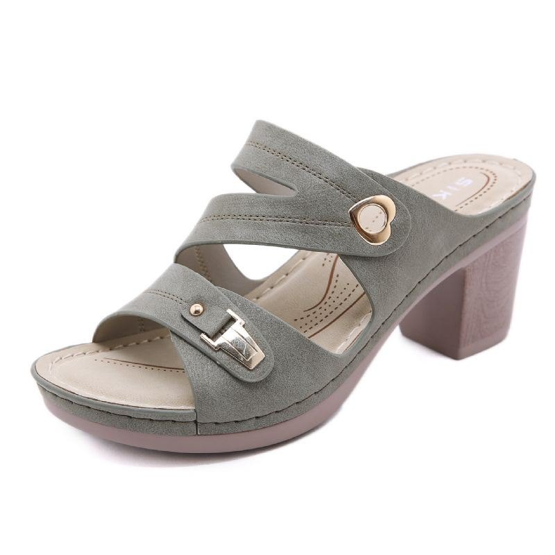 Dame Comfy Metal Spenne Peep Toe Ryggløse Chunky Heel Sandaler