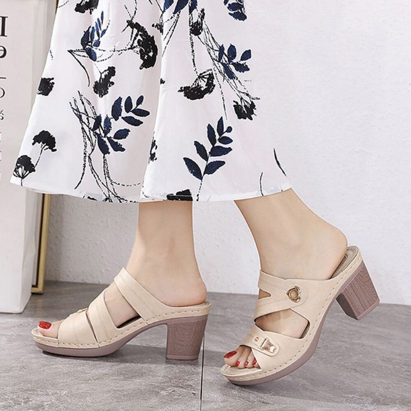 Dame Comfy Metal Spenne Peep Toe Ryggløse Chunky Heel Sandaler