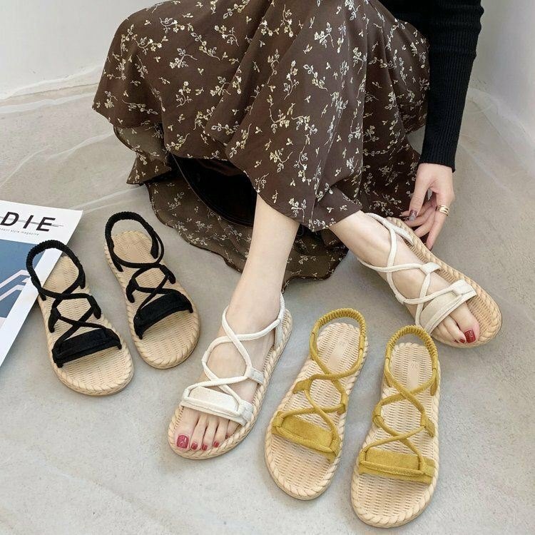 Dame Ensfarge Slip On Cross Band Flats Sandaler