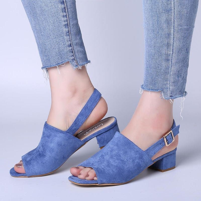 Dame Ensfarget Semsket Peep Toe Slingback Chunky Heel Uformelle Sandaler Med Daglige Hæler