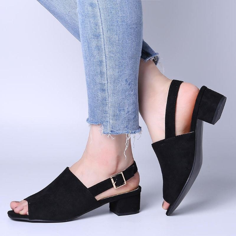 Dame Ensfarget Semsket Peep Toe Slingback Chunky Heel Uformelle Sandaler Med Daglige Hæler