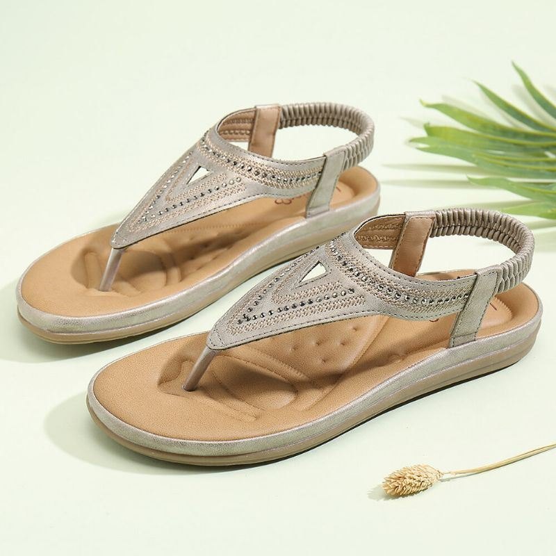 Dame Flip Flop Rhinestone Elastisk Band Slip On Sommer Behagelige Uformelle Flat Sandaler