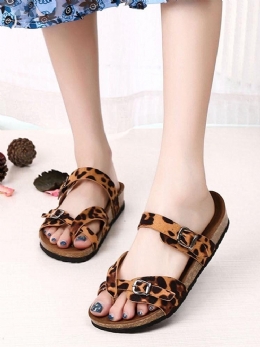 Dame Leopard Print Flat Toe Ring Spenne Stropp Comfy Beach Sandaler