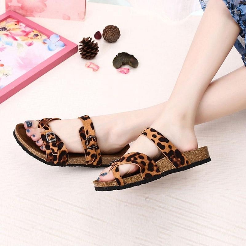 Dame Leopard Print Flat Toe Ring Spenne Stropp Comfy Beach Sandaler