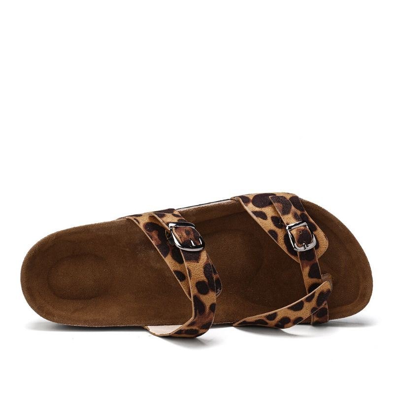 Dame Leopard Print Flat Toe Ring Spenne Stropp Comfy Beach Sandaler