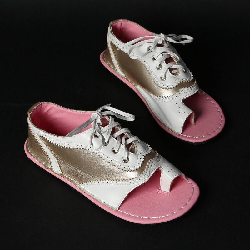 Dame Retro Casual Lace Up Toe Ring Flat Sandaler