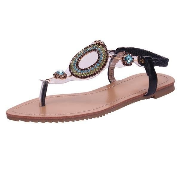 Dame Rhinestone Beaded Elastisk Flip Flop Casual Flat Sandaler