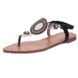 Dame Rhinestone Beaded Elastisk Flip Flop Casual Flat Sandaler