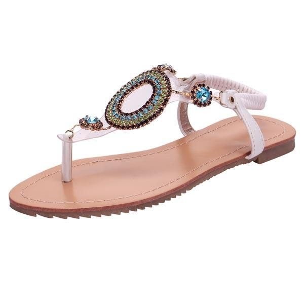 Dame Rhinestone Beaded Elastisk Flip Flop Casual Flat Sandaler