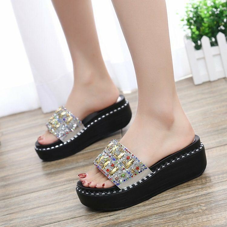 Dame Rhinestone Dekor Platform Slidesandaler