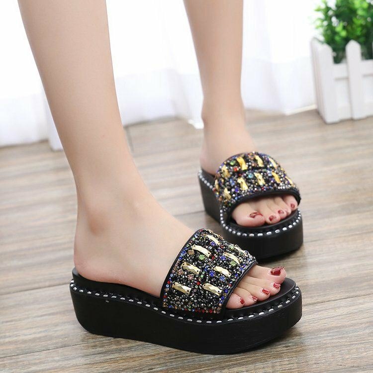 Dame Rhinestone Dekor Platform Slidesandaler