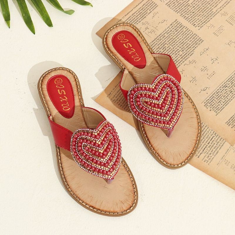 Dame Rhinestone Heart Shape Dekor Clip Toe Flats Sandaler