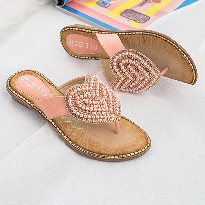 Dame Rhinestone Heart Shape Dekor Clip Toe Flats Sandaler