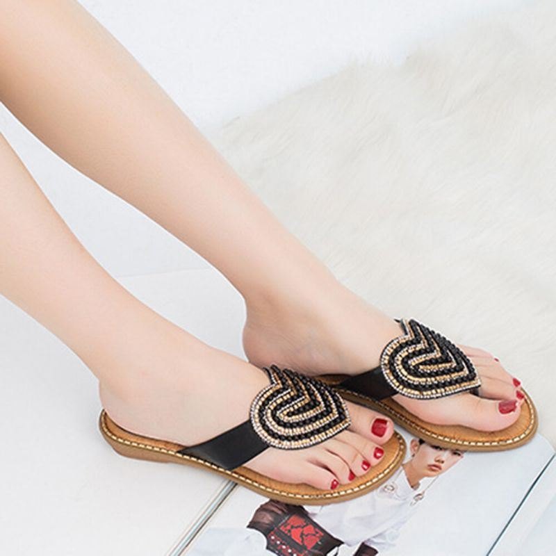 Dame Rhinestone Heart Shape Dekor Clip Toe Flats Sandaler