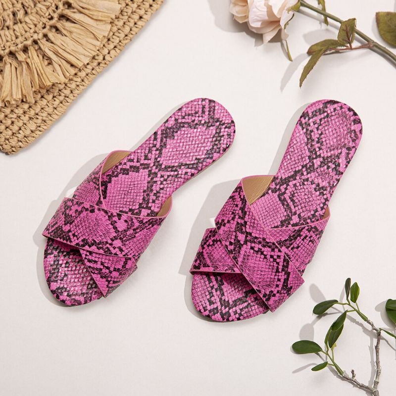 Dame Snakeskin Print Cross Belt Flats Sandaler